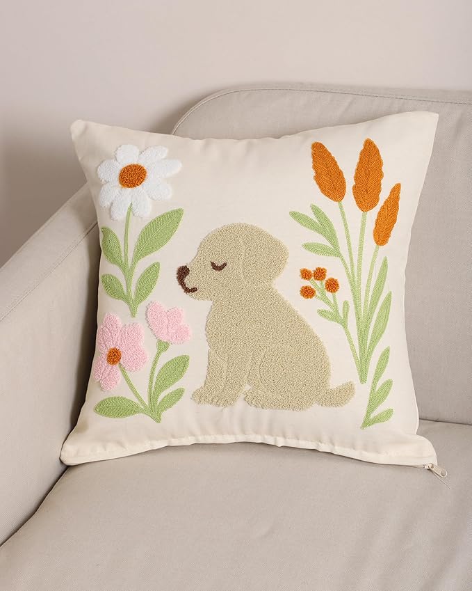 katre home madame & textile Embroidered Dog Pillow Cover – 18x18 inch Handmade Punch Needle Cushion – Boho Cotton Throw Pillow for Couch, Bed, or Gift for Dog Lovers
