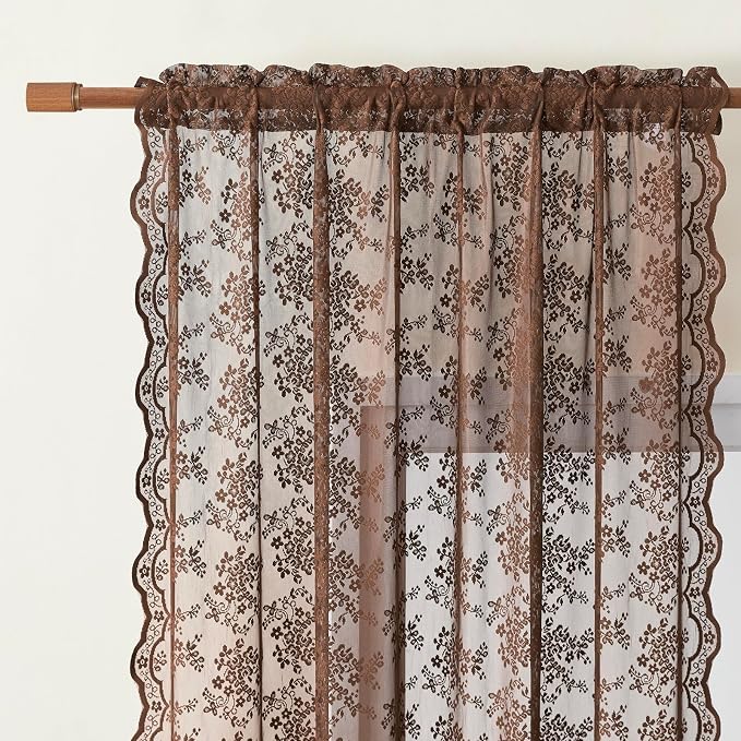 YJ YANJUN Vintage Lace Curtains 84 Inches Long-Victorian Floral Boho Brown - Image 2