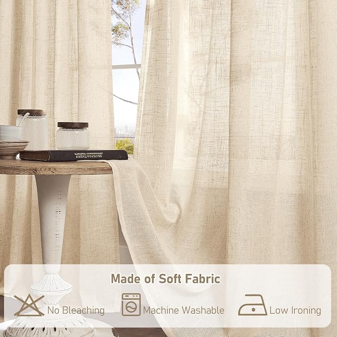 Natural Sheer Linen Curtains for Bedroom 72 Inch Length 2 Panels | Faux Linen - Image 8