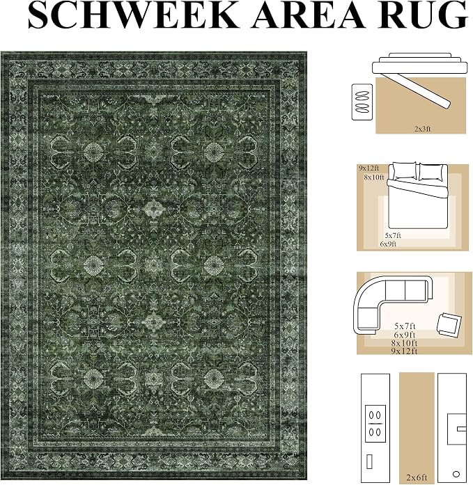Schweek 9x12 Area Rug Green Washable Non-Slip Vintage Rugs - Image 2