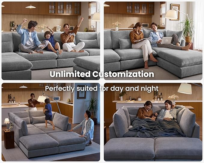 Oversized Modular Sofa, Extra Deep Cloud Chenille Sectional Couch with Ottoman Chaise, Fluffy Chenille 8 Seater Sofa Bed for Living Room, Villa (Sofa Bed 8 Seater, Chenille Grey)