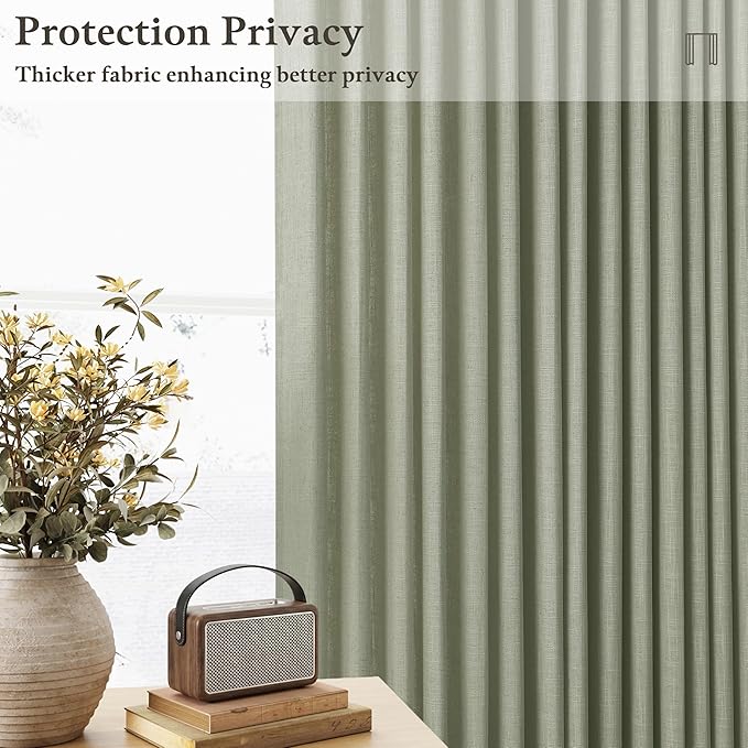 Pleated Memory Shaped Sage Green Linen Semi Sheer Curtains 50 by 80 Inch | - Image 6