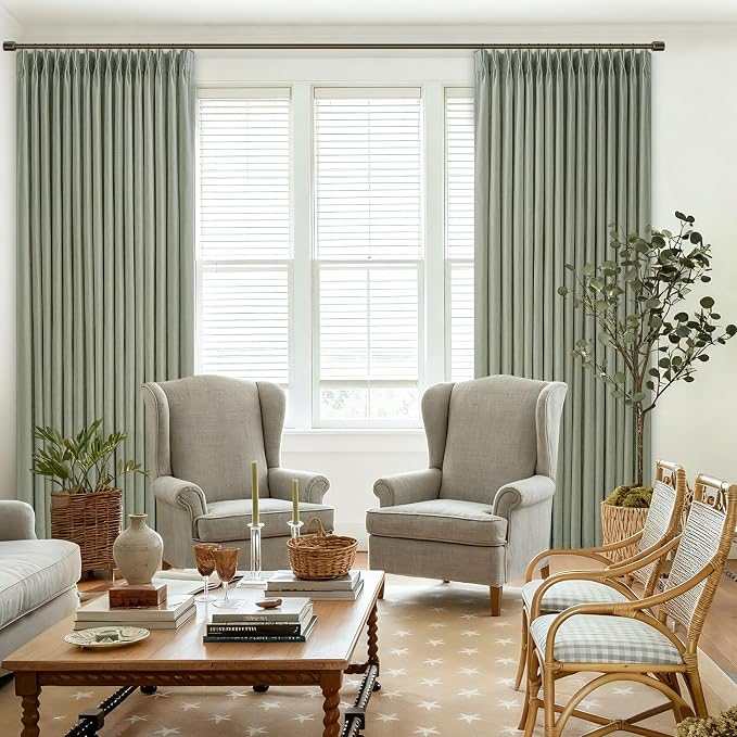 105 Inch Semi Sheer Light Green Pleated Linen Country Curtains W50xL105 | Sage - Image 8