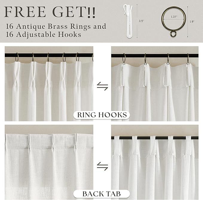 Pinch Pleated 90 Inch Off White Semi Sheer Neutral Linen Curtains 2 Panels | - Image 4