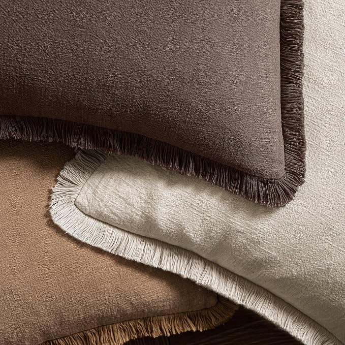 MIULEE Linen Fringe Decorative Fall Euro Pillow Covers Reddish Brown 24x24 | - Image 4