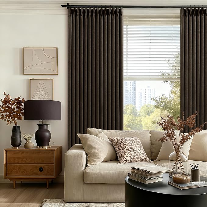 Chocolate Brown 84 Inch Blackout Pinch Pleated Curtains 2 Panels | Thick Linen - Image 7