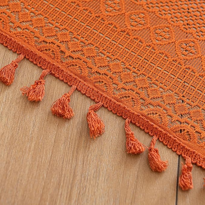 Sutuo Home Burnt Orange Boho Curtains 84 inches Long for Bedroom Living Room, Terracotta Crochet Lace Sheer Bohemian Hollow Knitted Tassels,Window Treatment Drapes Fall Decor, 1 Panel 59" W x 84" L