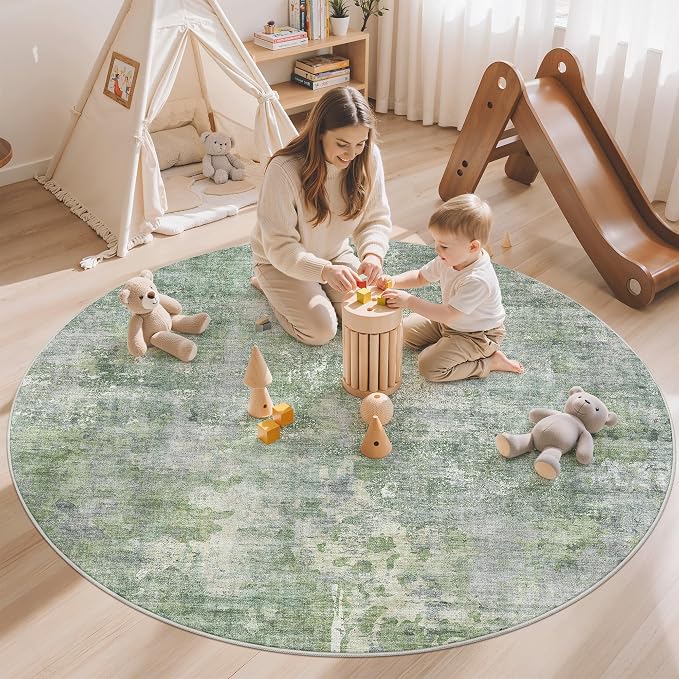 6x6 Green/Ivory Round Rug 6ft Living Room Circle Rug Vintage Round Area Rug Non - Image 2
