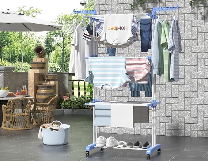 HOMIDEC Clothes Drying Rack, Large 4-Tier Foldable Drying Rack Clothing(67.7H x 19.7W x 30L Inches), Movable Drying Rack with 4 castors. Multifunctional Stainless Steel Laundry Drying Rack, Blue