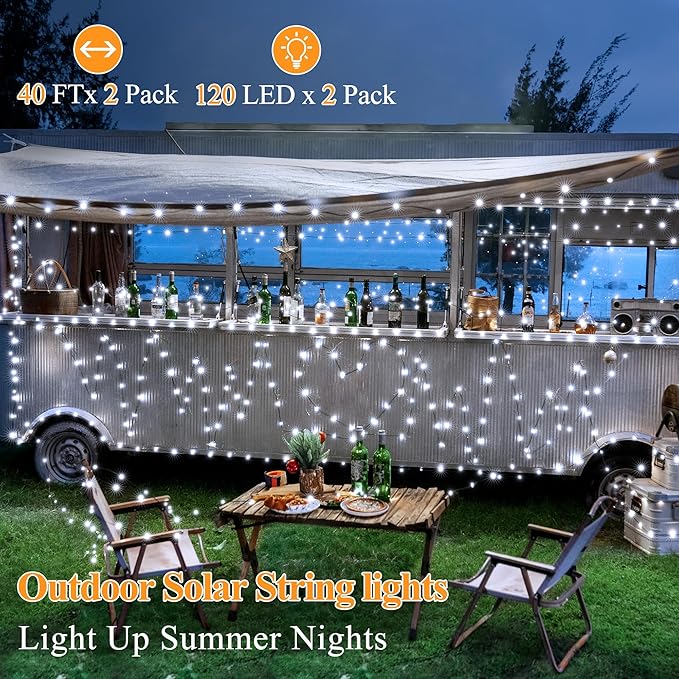 2 Pack Solar String Lights Total 240LED 80FT, IP67 Waterproof Solar Lights for Outside with 8 Modes, Upgraded Solar Panel Fairy Lights for Garden Party Wedding Decorations (Cool White) …