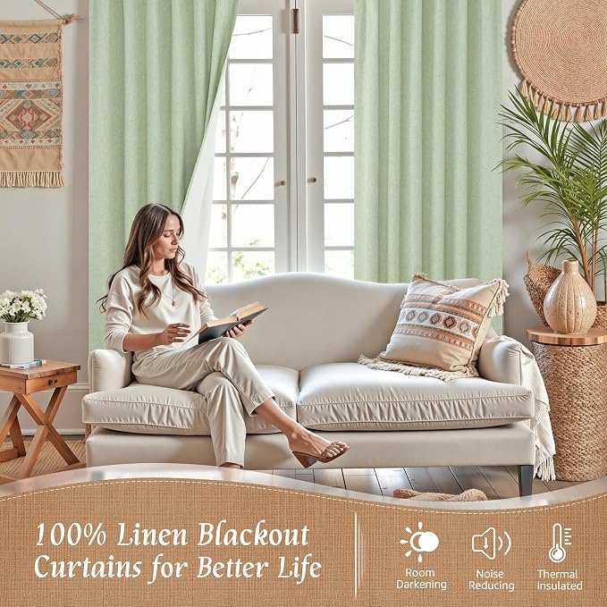100% Blackout Natural Linen Bedroom Curtains 63 Inches 2 Panels | Light Green - Image 2