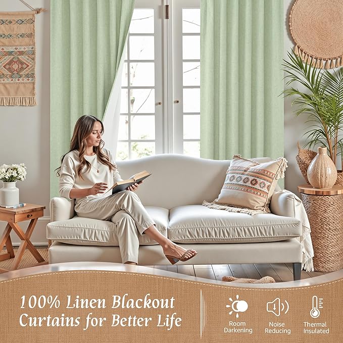 54 Inch Light Green Linen Full Blackout Window Curtains - Image 3