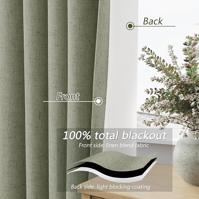 Sage Green 100% Blackout Linen Curtains 94 Inch Length 2 Panels Set - Image 3