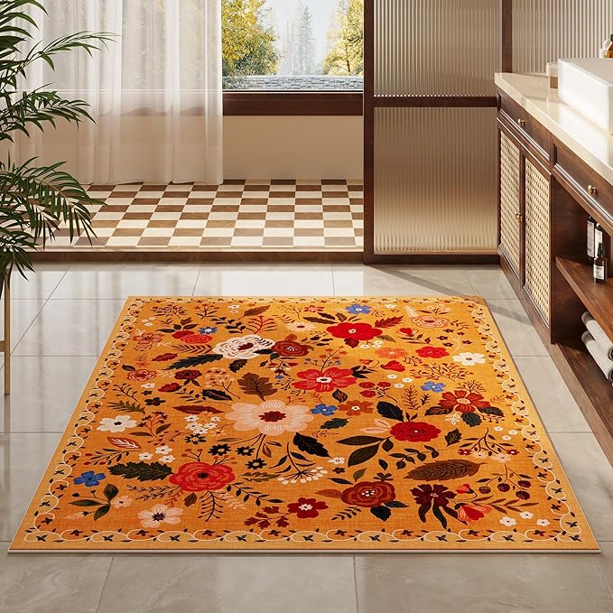 Area Rug 4x6 Rug Washable Boho Rugs Non Slip Low Pile Floral Small Carpet for Bedroom, Bedside, Kids Room, Office, Dining Room(Yellow)