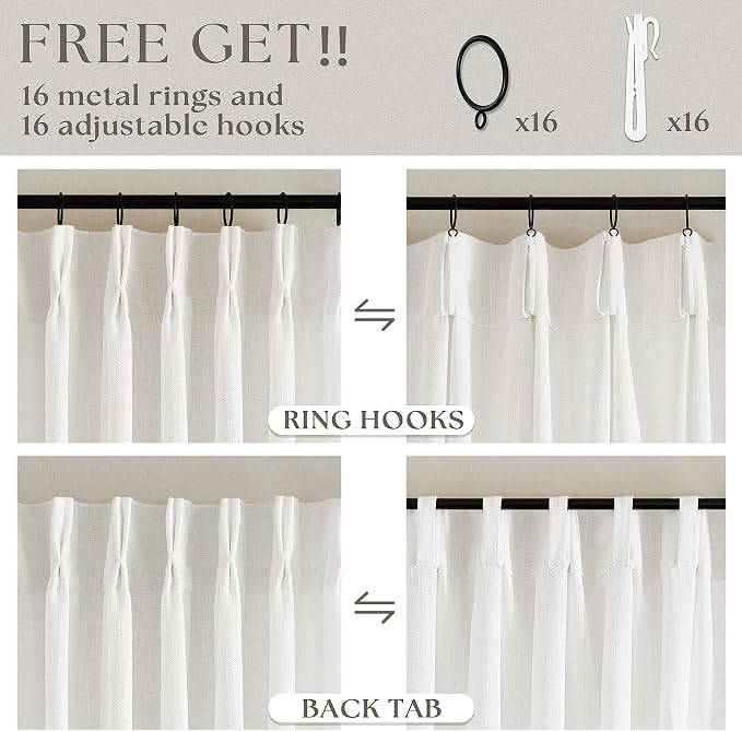 Beige White Pinch Pleated Linen Curtains 2 Panels 100 Inches Long | Memory - Image 5
