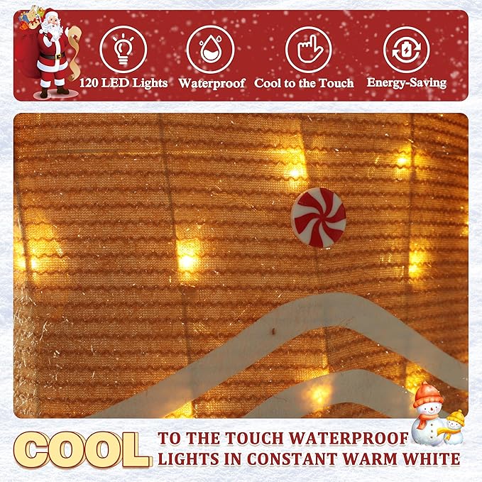 5FT Gingerbread Man with Candy Cane and Gift Box Decoration, 2.5D Pre-Lit Gingerbread Man Decor with 120 LED Lights for Christmas, Freestanding Glittered Holiday Display for Outdoor, Indoor