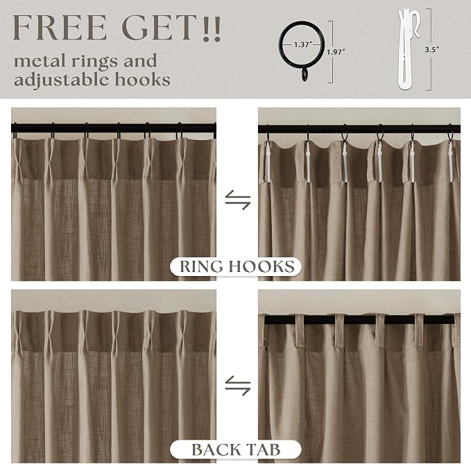 Light Brown Linen Pleat Farmhouse Light Filtering Curtains 92 Inches Long | - Image 5