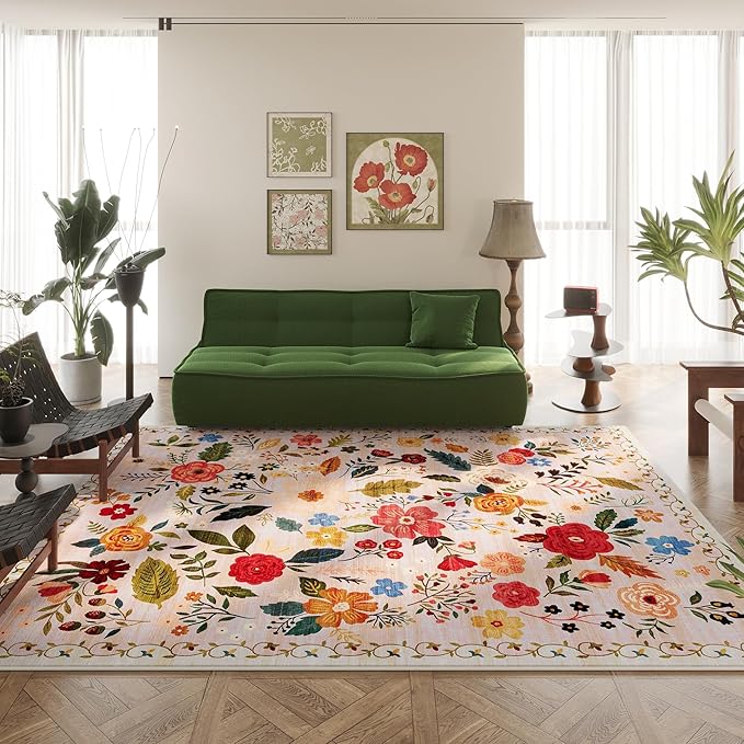 Living Room Rug 6x9 Rug Machine Washable Boho Area Rug Non Slip Floral Vintage Low Pile Large Rug for Living Room, Bedroom, Farmhouse, Dining Room, Kids Playroom(Beige)