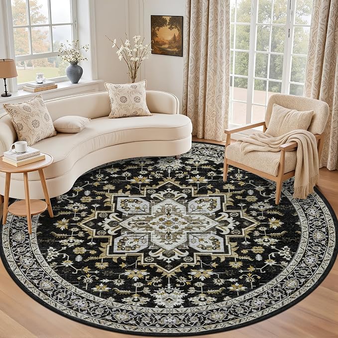 Round Area Rug for Living Room: 6ft Boho Washable Rug Black Gold | Vintage Boho by EXPEDIX