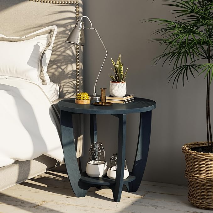 Rustic Farmhouse End Table with Storage Shelf, French Country Accent Side for Family, Dinning or Living Room, Small Spaces, Modern, Round, Vintage Blue Finish, Curved Leg