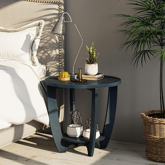 Rustic Farmhouse End Table with Storage Shelf, French Country Accent Side for Family, Dinning or Living Room, Small Spaces, Modern, Round, Vintage Blue Finish, Curved Leg