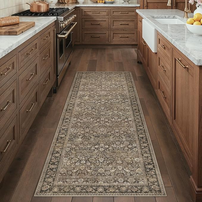 2 Piece 2x3/2x6 Washable Rug for Entryway | Brown Vintage Floral, Low Pile - Image 2