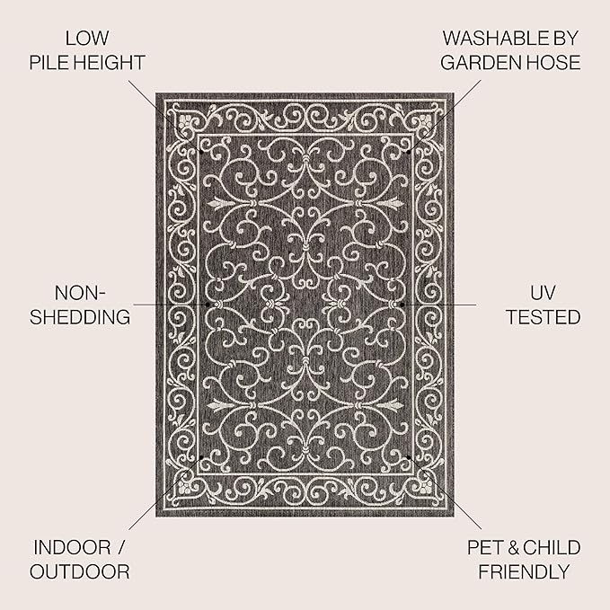 JONATHAN Y Vintage Filigree Indoor Outdoor Area Rug 8X10 Black/Gray, Charleston Textured Weave for Backyard, Patio, Porch, Easy-Cleaning, High Traffic, Pet-Friendly, Non-Shedding (SMB106G-8)