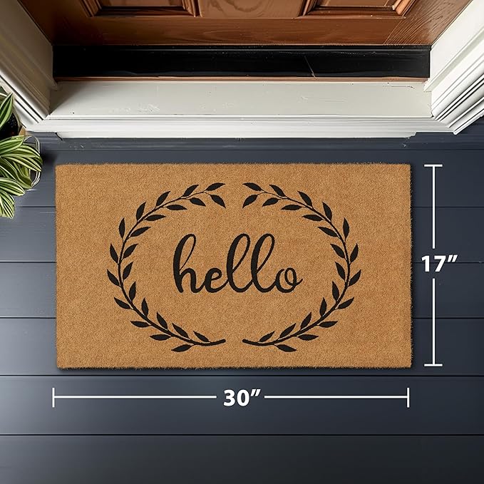 Barnyard Designs Natural Coco Coir Heavy Duty Backing Doormat - Large Cute Non-Slip Front Door Welcome Mat for Outside Entrance or Porch Entry, Brown (17x30, Hello Wreath)