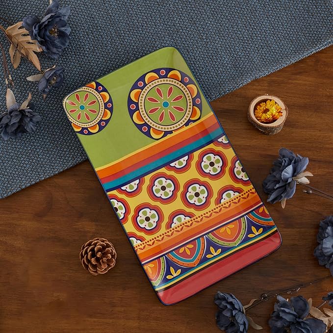 Bico Tunisian Ceramic 14 inch Rectangular Serving Platter, Set of 2, for Serving Salad, Pasta, Cheese, Ham, Appetizer, Microwave & Dishwasher Safe