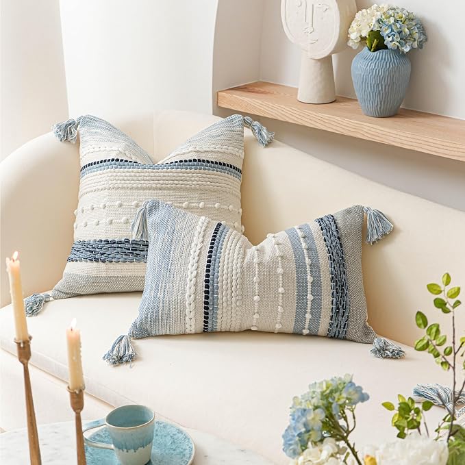 Decorative Lumbar Throw Pillow Cover 14x24 Boho Coastal Blue Accent Cushion - Image 4