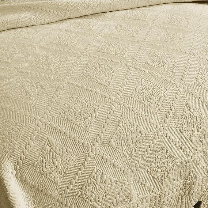 MarCielo 3-Piece 100% Cotton Oversized Bedspread Lightweight Quilt Coverlet Embroidery Farmhouse Bedding Set (Tk Beige Khaki, Oversized Queen (100"x106"))