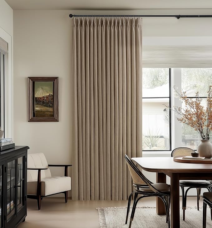 Latte Brown Pinch Pleated Thick Linen Semi Sheer Curtains 108 Inches Long | - Image 8