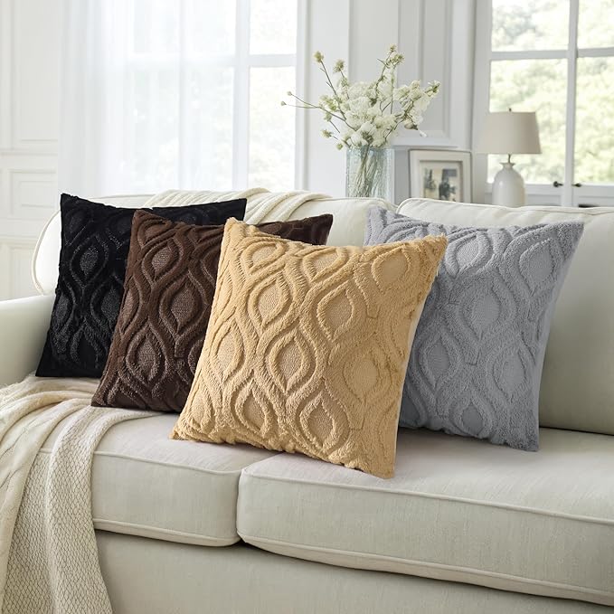 decorUhome Fall Throw Pillow Covers 16x16 Inch Set of 2, Soft Plush Decorative Faux Fur Black Solid Couch Pillow Covers, Accent Farmhouse Neutral Square Euro Pillow Cases for Sofa Bed Living Room