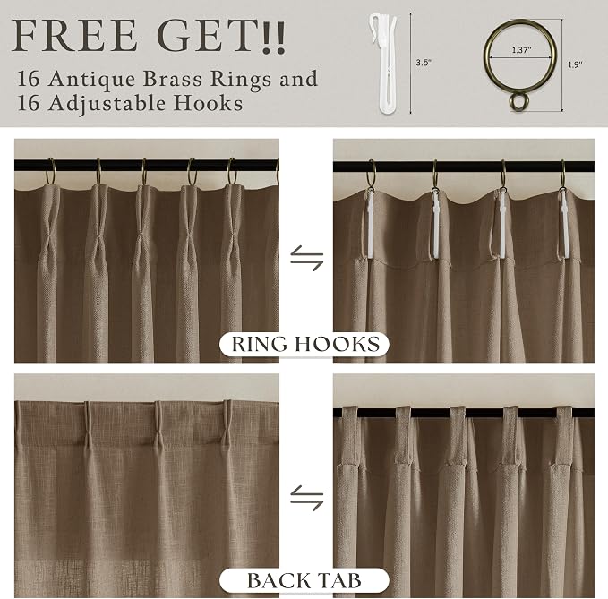 Pleated Linen 120 Inches Light Filtering Dark Brown Ceiling Curtains 50W | - Image 6