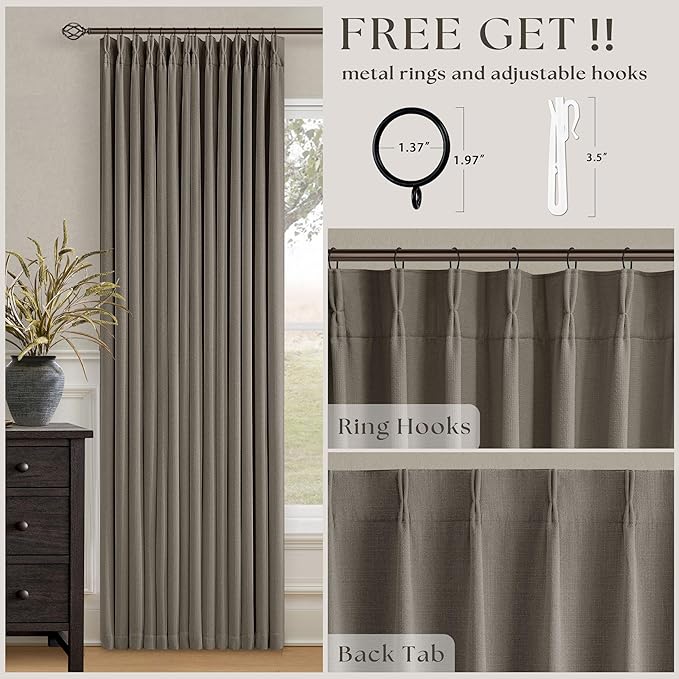 Dark Flax 100 Inch Blackout Pinch Pleated Curtains 2 Panel Set, Taupe | Thick - Image 5