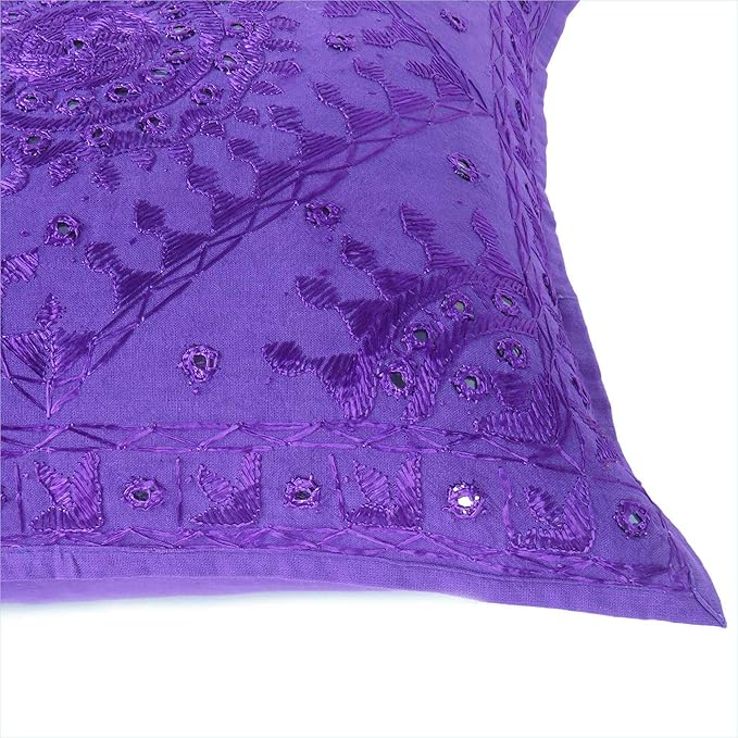 Eyes of India Embroidered Decorative Boho Throw Pillow Cover with Mirrors, Handmade Bohemian Accent Cushion Case for Sofa Couch Bedroom Living Room (Purple, 24" x 24")