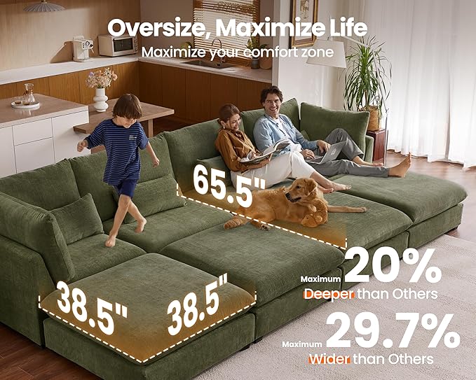 Oversized Modular Sofa, Extra Deep Cloud Chenille Sectional Couch with Ottoman Chaise, Fluffy Chenille 4 Seater Sofa for Living Room, Villa (Basic 4 Seater, Chenille Green)