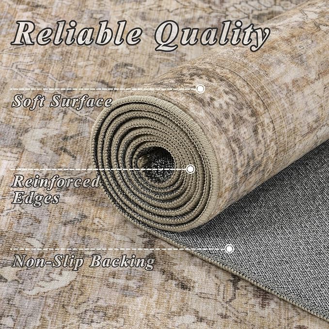 Schweek 6x9 Area Rug Khaki Washable Vintage Distressed Living Room Rugs | Non - Image 5