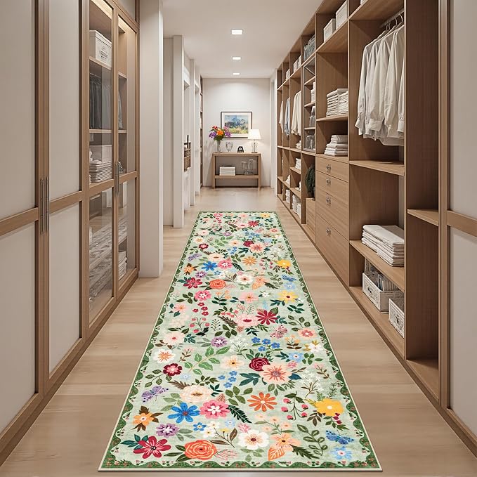 PLHXFR 2.6x10 Washable Runner Rug：Floral Indoor Kitchen Soft Carpet Green | - Image 5