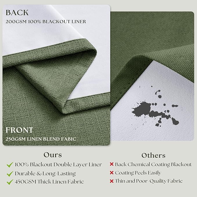 120 Inch Olive Green Linen Pinch Pleated Blackout Curtains Double Layer | 100% - Image 6