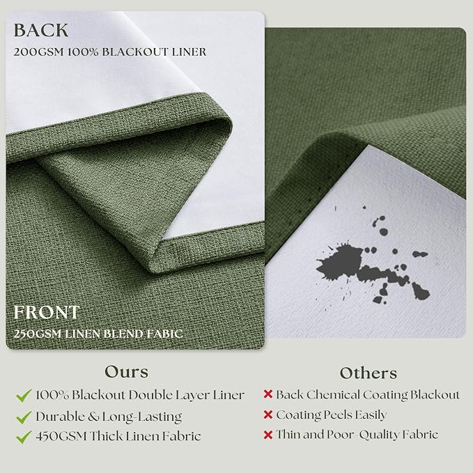 100 Inch Olive Green Linen Pinch Pleated Blackout Curtains - Image 6