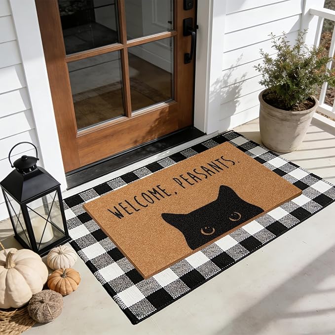 2 Pcs Welcome Peasants Black Cat Door Mat Set, Layered Artificial Coir Doormat by Unknown