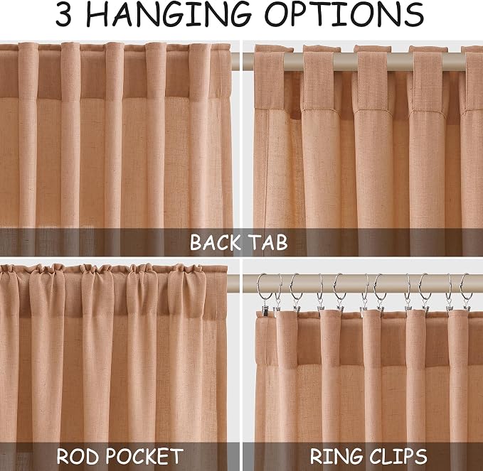 Nanspring Peach Quartz Linen Curtains 120 Inch Length 2 Panel Set Back Tab Loop - Image 2