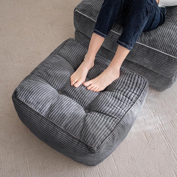 HIGOGOGO Square Stuffed Pouf Ottoman, Corduroy Poufs with Foam Chunk Filling, Furry and Fluffy Pouf Foot Stool Storage Ottoman, 21 X 21 Floor Poufs Foot Rest for Living Room, Dark Grey
