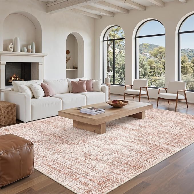 Soalmost 6x9 Area Rug for Living Room Washable Rugs Non-Slip Pink | Low-Pile - Image 2