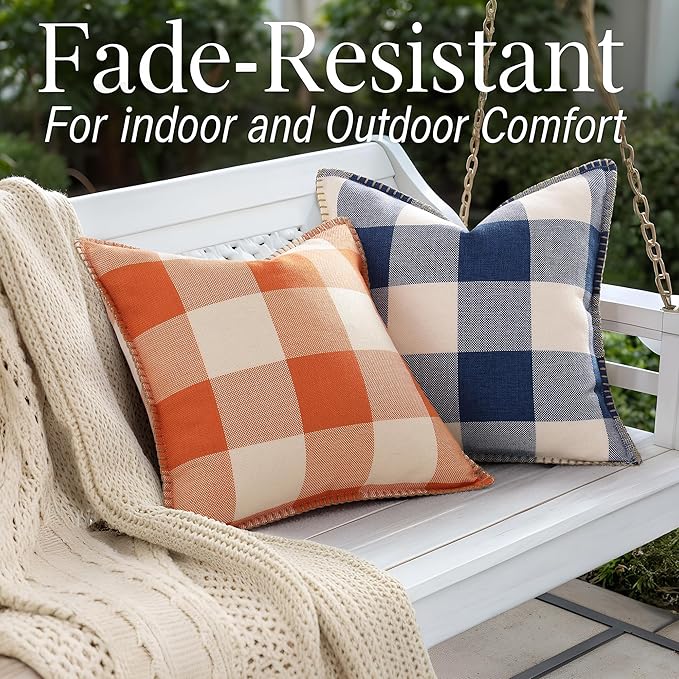 decorUhome Buffalo Plaid Check Throw Pillow Covers 16x16 Set of 2, Outdoor Decorative Farmhouse Neutral Pillow Covers with Stitched Edge for Bed Couch Sofa, Navy Blue and White