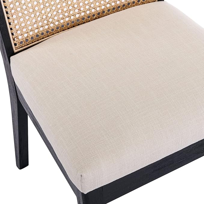 VESCASA Upholstered Dining Chairs with Square Rattan Back, Armless Padded Linen Cushion Dining Chairs with Wood Legs for Dining Room, Kitchen, Set of 2, Black Frame
