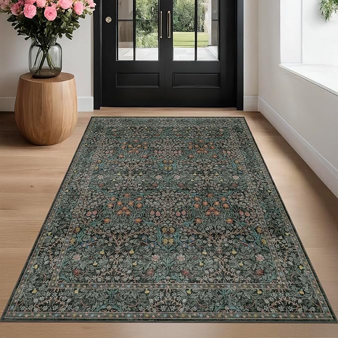 Washable Vintage 5x8 Living Room Rug, Dark Green Floral Area Rug - Image 9
