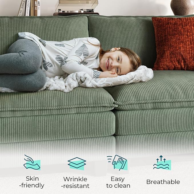 LINSY HOME Sofa Chair with Movable Ottoman - Corduroy Cloud Couch Chair Soft Comfy Modern Sofa Chaise Single Sleeper Chair Bed for Living Room Apartment Office, Green