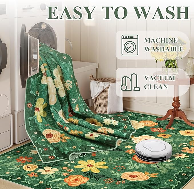DUKINO 2x4 Entryway Rug, Floral Washable Kitchen Rugs Non Slip, Dark Green | - Image 6